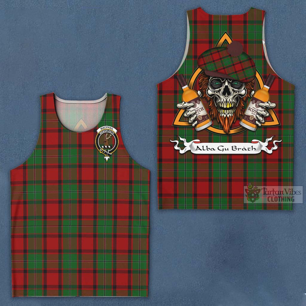 Tartan Vibes Clothing MacPhail (McPhail) Tartan Men's Tank Top with Family Crest and Bearded Skull Holding Bottles of Whiskey