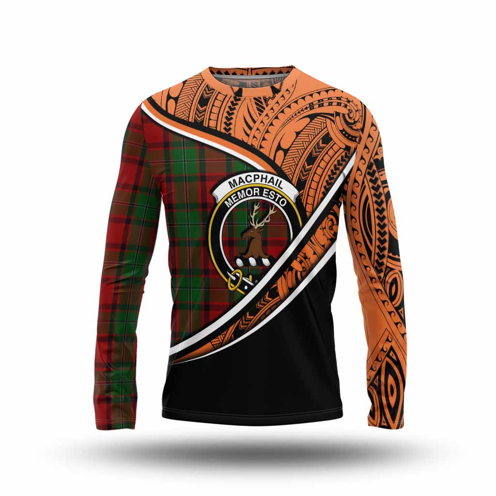 Tartan Vibes Clothing MacPhail (McPhail) Crest Tartan Long Sleeve T-Shirt with Maori Tattoo Style - Orange Version