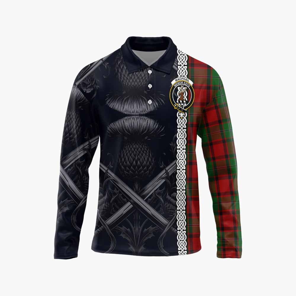 Tartan Vibes Clothing MacPhail (McPhail) Tartan Long Sleeve Polo Shirt with Family Crest Cross Sword Thistle Celtic Vibes