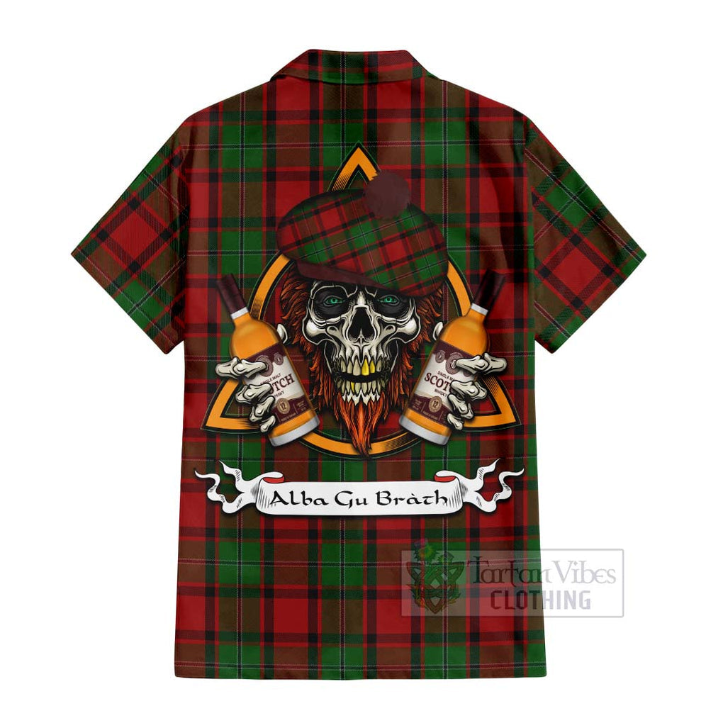 Tartan Vibes Clothing MacPhail (McPhail) Tartan Short Sleeve Button Shirt with Family Crest and Bearded Skull Holding Bottles of Whiskey