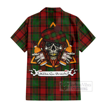 MacPhail (McPhail) Tartan Short Sleeve Button Shirt with Family Crest and Bearded Skull Holding Bottles of Whiskey