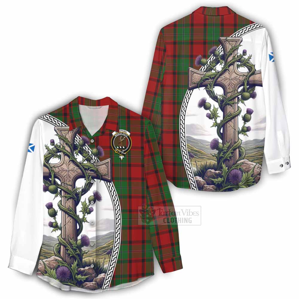 Tartan Vibes Clothing MacPhail (McPhail) Tartan Women's Casual Shirt with Family Crest and St. Andrew's Cross Accented by Thistle Vines