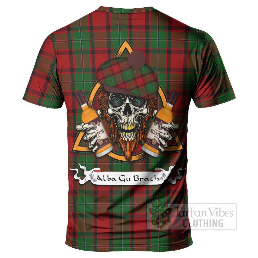 Tartan Vibes Clothing MacPhail (McPhail) Tartan T-Shirt with Family Crest and Bearded Skull Holding Bottles of Whiskey