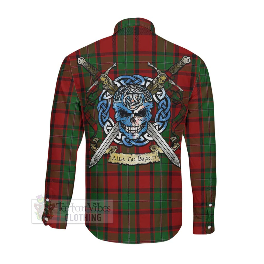 Tartan Vibes Clothing MacPhail (McPhail) Tartan Long Sleeve Button Shirt with Family Crest Celtic Skull Style