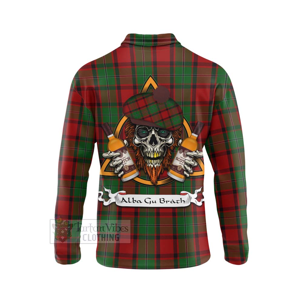 Tartan Vibes Clothing MacPhail (McPhail) Tartan Long Sleeve Polo Shirt with Family Crest and Bearded Skull Holding Bottles of Whiskey