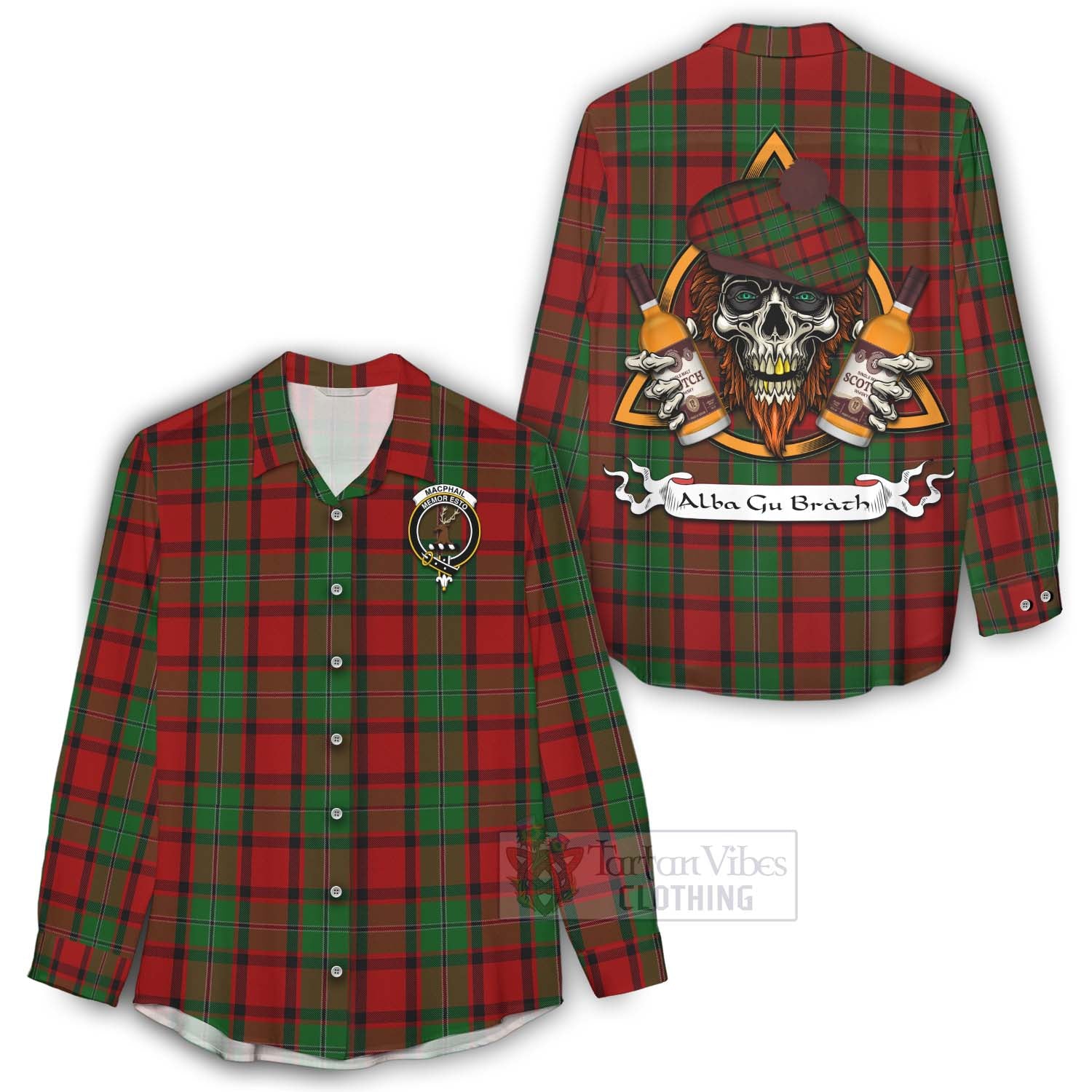 Tartan Vibes Clothing MacPhail (McPhail) Tartan Women's Casual Shirt with Family Crest and Bearded Skull Holding Bottles of Whiskey