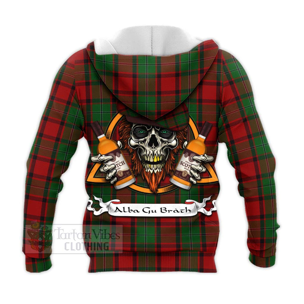 Tartan Vibes Clothing MacPhail (McPhail) Tartan Knitted Hoodie with Family Crest and Bearded Skull Holding Bottles of Whiskey