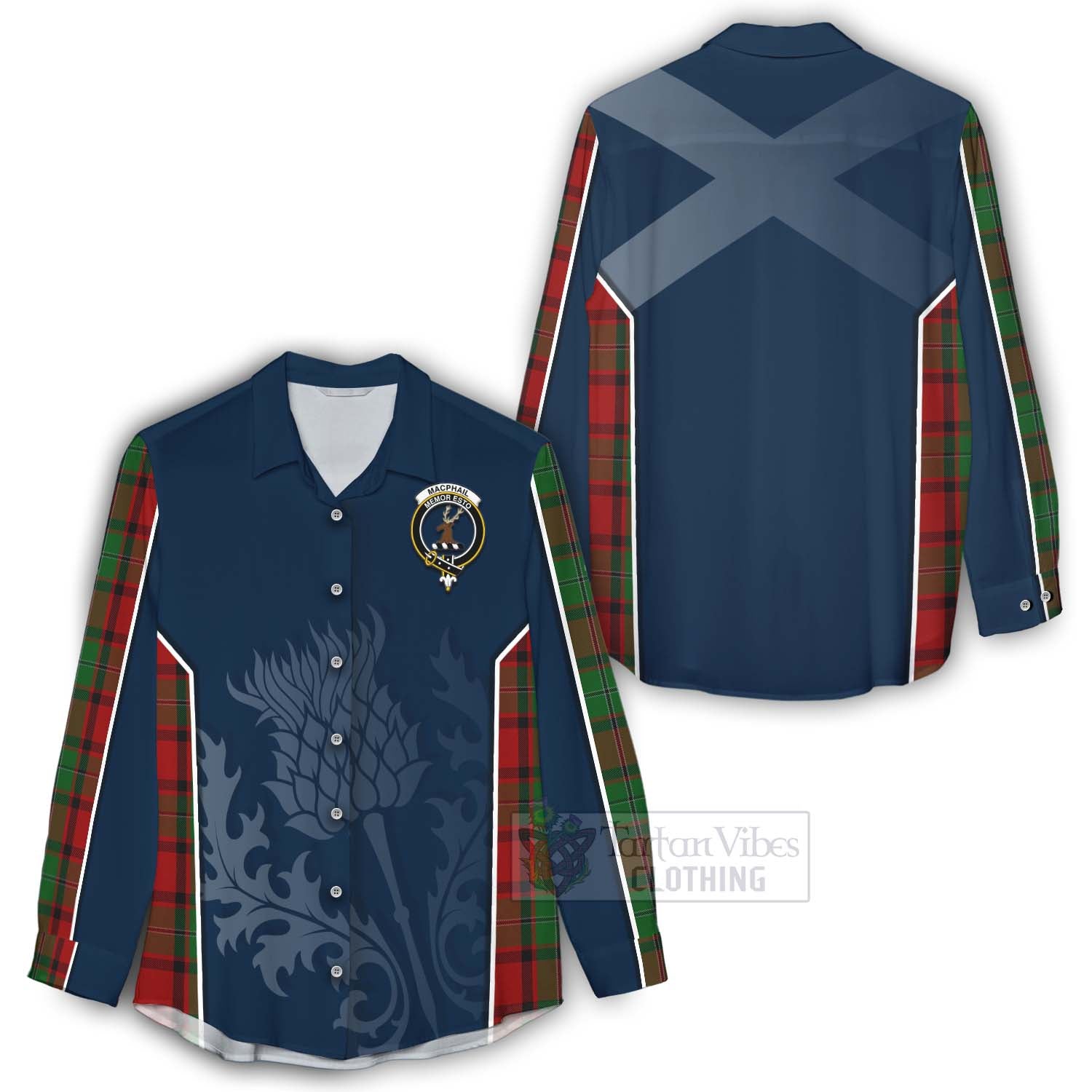 Tartan Vibes Clothing MacPhail (McPhail) Tartan Women's Casual Shirt with Family Crest and Scottish Thistle Vibes Sport Style