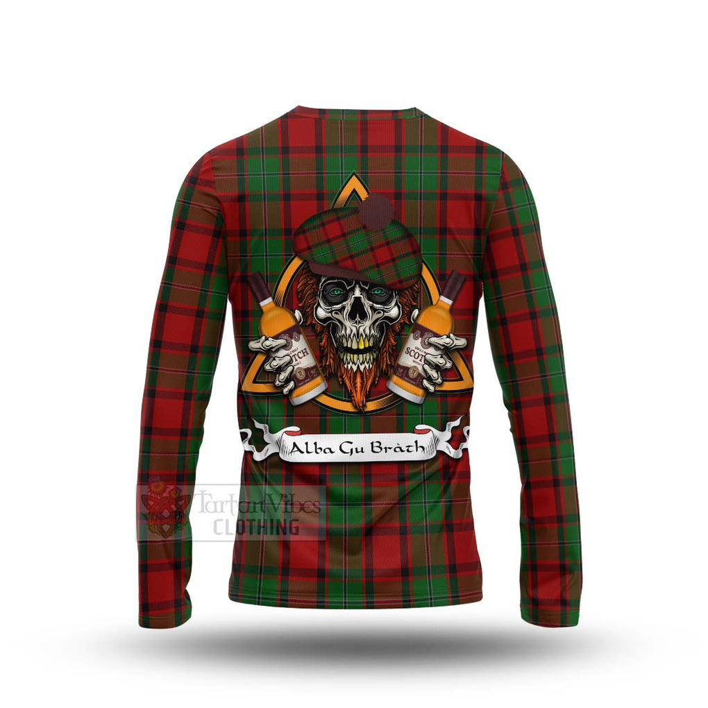 Tartan Vibes Clothing MacPhail (McPhail) Tartan Long Sleeve T-Shirt with Family Crest and Bearded Skull Holding Bottles of Whiskey