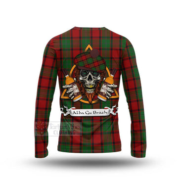 MacPhail (McPhail) Tartan Long Sleeve T-Shirt with Family Crest and Bearded Skull Holding Bottles of Whiskey