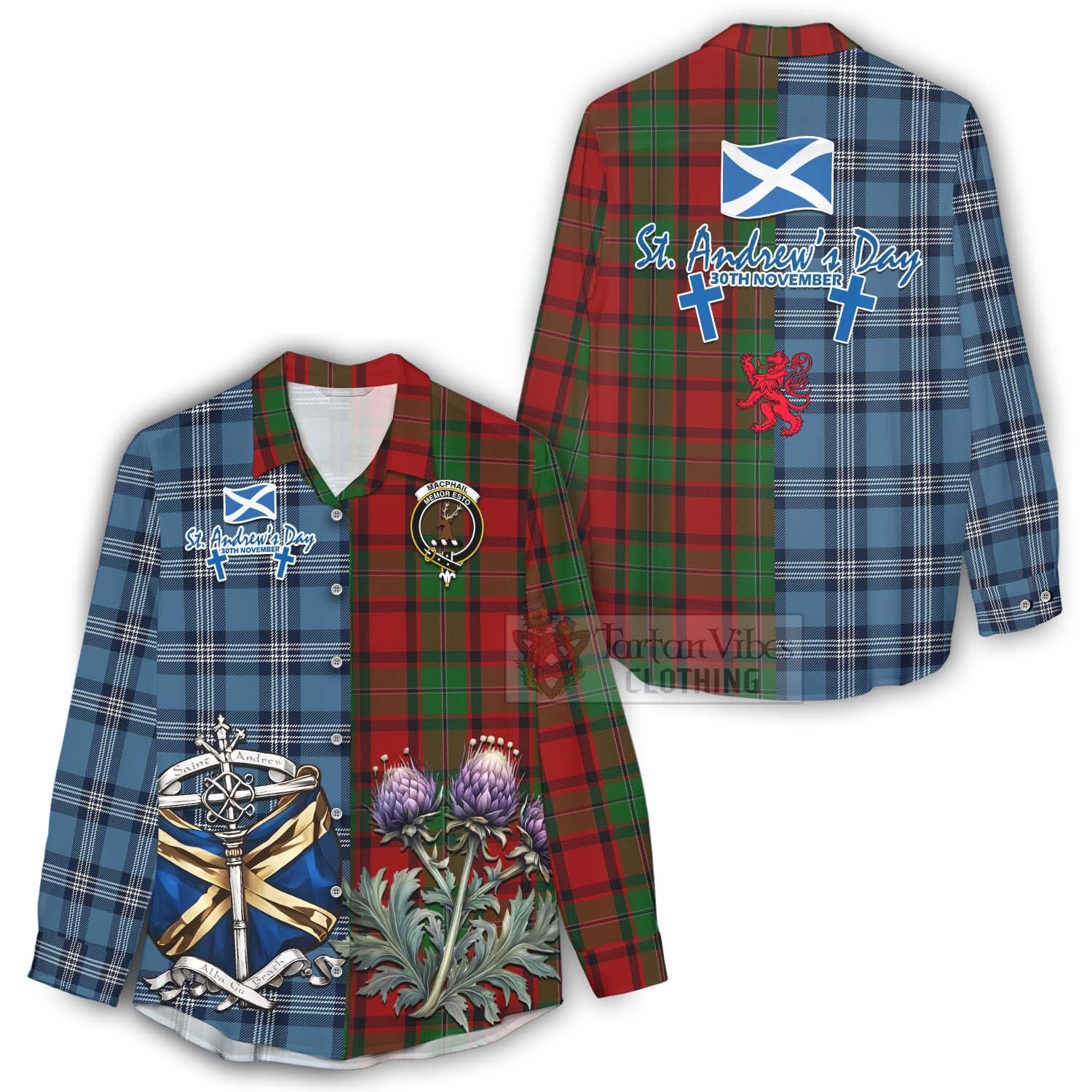 Tartan Vibes Clothing MacPhail (McPhail) Tartan Women's Casual Shirt Happy St. Andrew's Day Half Tartan Style