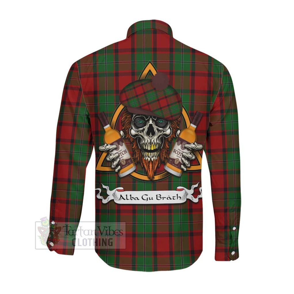 Tartan Vibes Clothing MacPhail (McPhail) Tartan Long Sleeve Button Shirt with Family Crest and Bearded Skull Holding Bottles of Whiskey