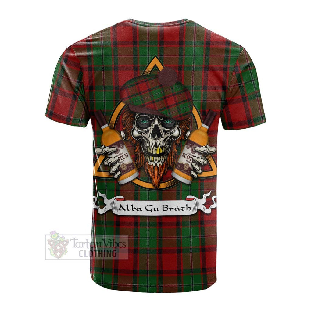 Tartan Vibes Clothing MacPhail (McPhail) Tartan Cotton T-shirt with Family Crest and Bearded Skull Holding Bottles of Whiskey