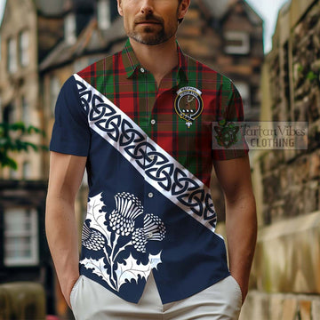 MacPhail (McPhail) Tartan Short Sleeve Button Shirt Featuring Thistle and Scotland Map