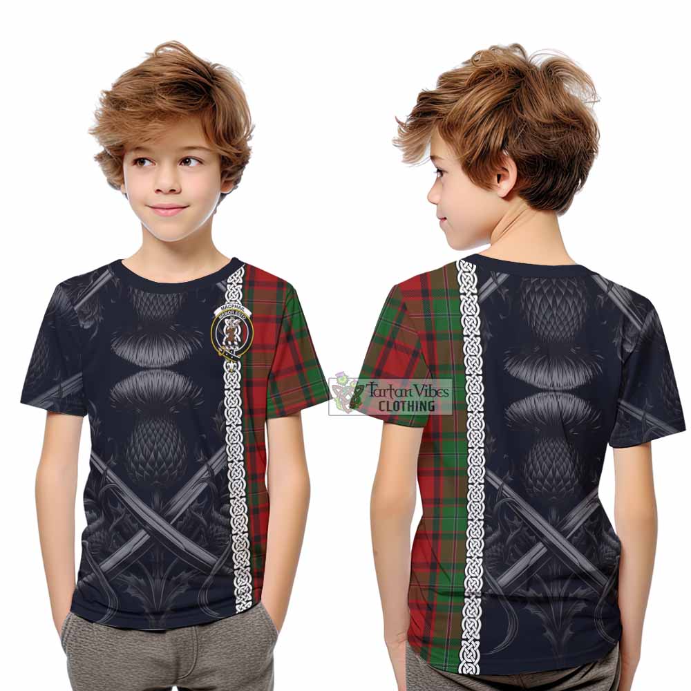 Tartan Vibes Clothing MacPhail (McPhail) Tartan Kid T-Shirt with Family Crest Cross Sword Thistle Celtic Vibes