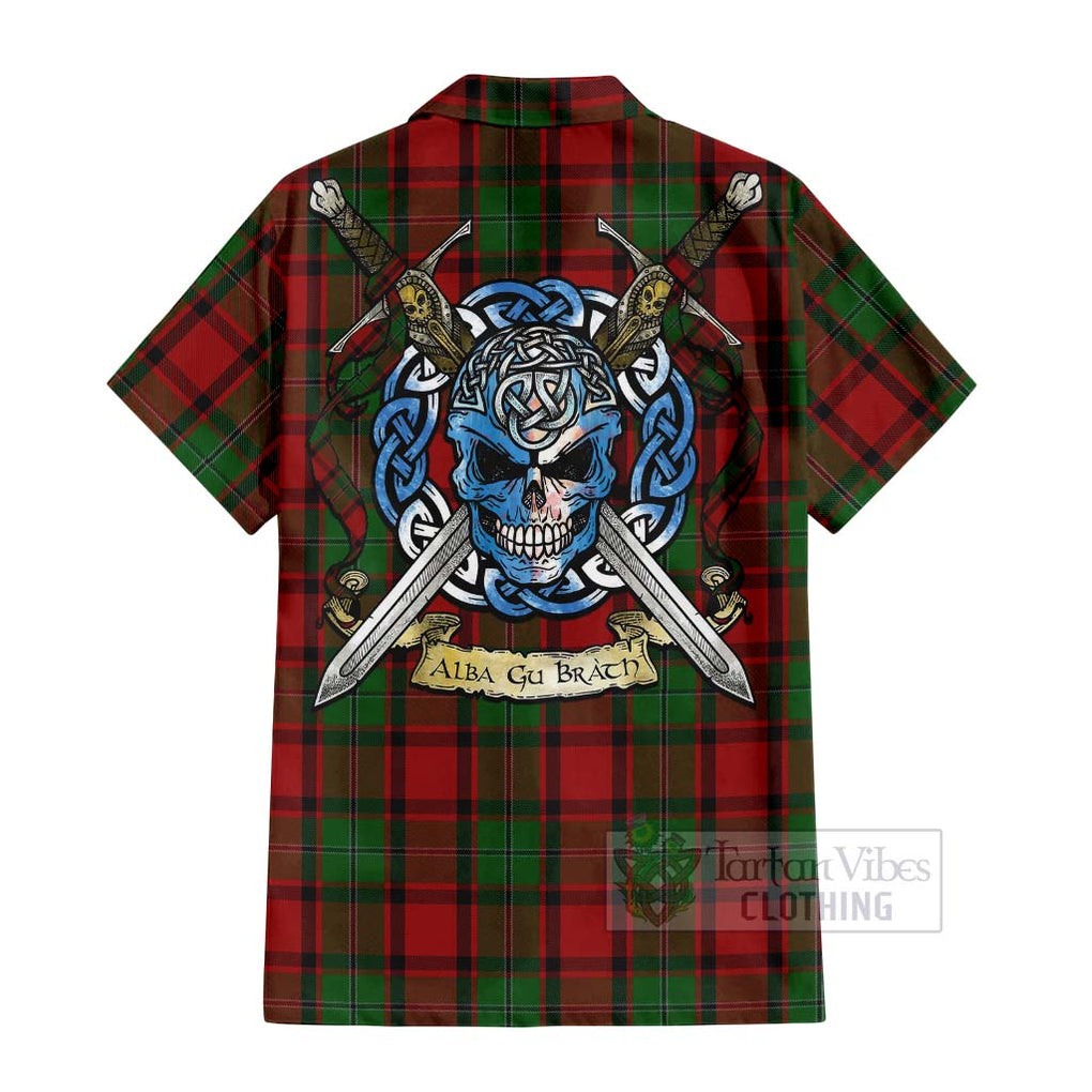 Tartan Vibes Clothing MacPhail (McPhail) Tartan Short Sleeve Button Shirt with Family Crest Celtic Skull Style