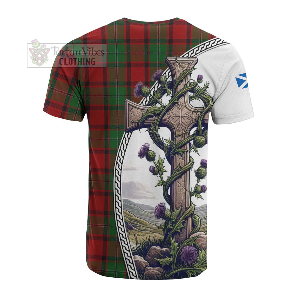 Tartan Vibes Clothing MacPhail (McPhail) Tartan Cotton T-shirt with Family Crest and St. Andrew's Cross Accented by Thistle Vines