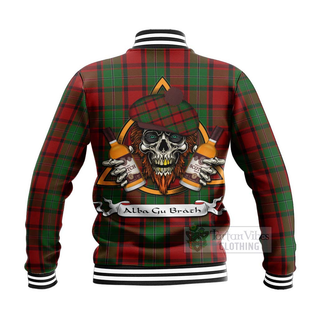 Tartan Vibes Clothing MacPhail (McPhail) Tartan Baseball Jacket with Family Crest and Bearded Skull Holding Bottles of Whiskey