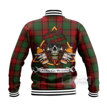 MacPhail (McPhail) Tartan Baseball Jacket with Family Crest and Bearded Skull Holding Bottles of Whiskey