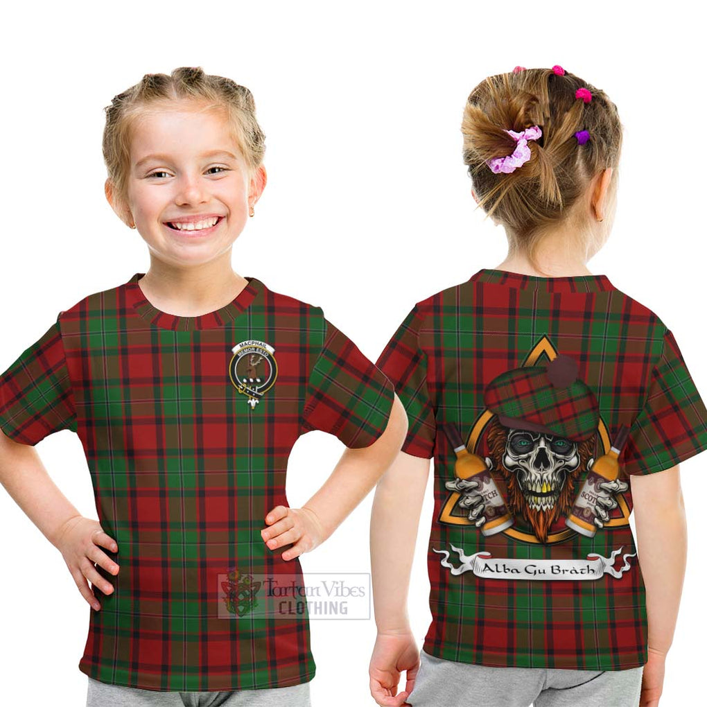 Tartan Vibes Clothing MacPhail (McPhail) Tartan Kid T-Shirt with Family Crest and Bearded Skull Holding Bottles of Whiskey