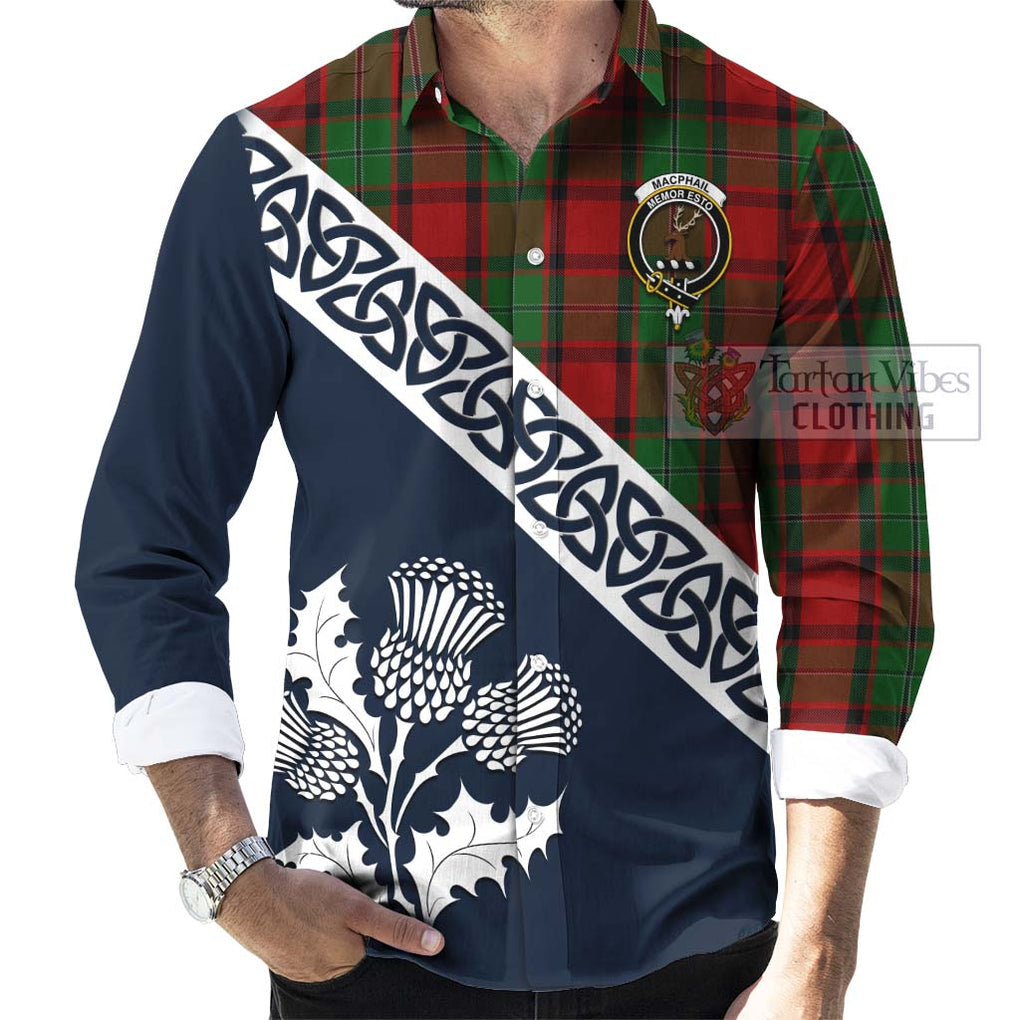 Tartan Vibes Clothing MacPhail (McPhail) Tartan Long Sleeve Button Shirt Featuring Thistle and Scotland Map