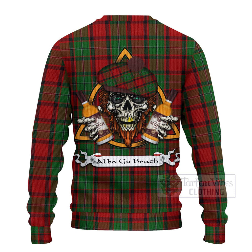 Tartan Vibes Clothing MacPhail (McPhail) Tartan Knitted Sweater with Family Crest and Bearded Skull Holding Bottles of Whiskey