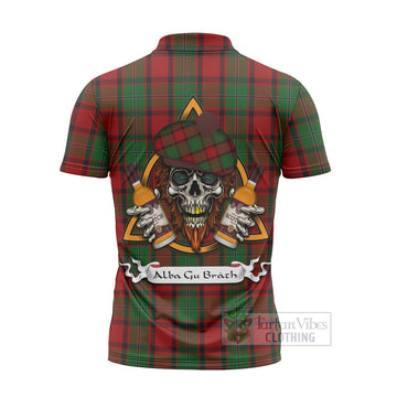 MacPhail (McPhail) Tartan Zipper Polo Shirt with Family Crest and Bearded Skull Holding Bottles of Whiskey