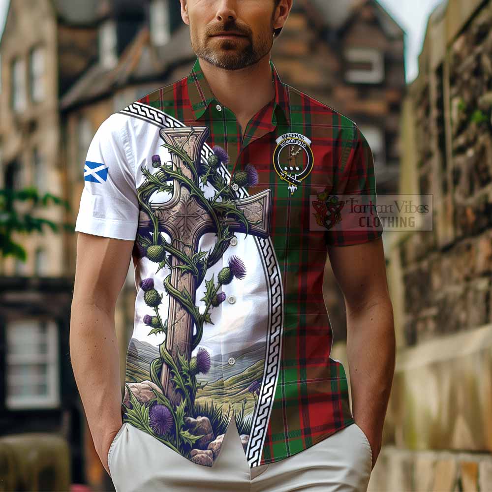 Tartan Vibes Clothing MacPhail (McPhail) Tartan Short Sleeve Button Shirt with Family Crest and St. Andrew's Cross Accented by Thistle Vines