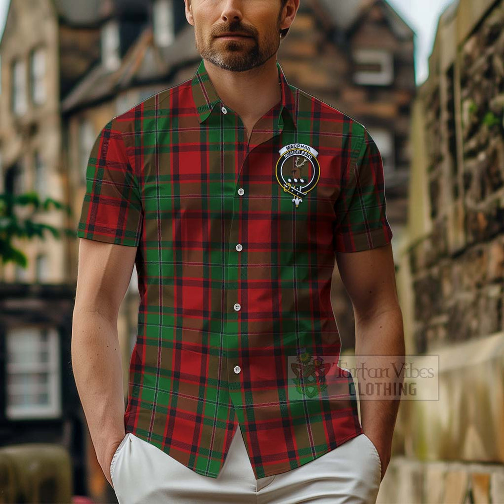 Tartan Vibes Clothing MacPhail (McPhail) Tartan Short Sleeve Button Shirt with Family Crest and Bearded Skull Holding Bottles of Whiskey