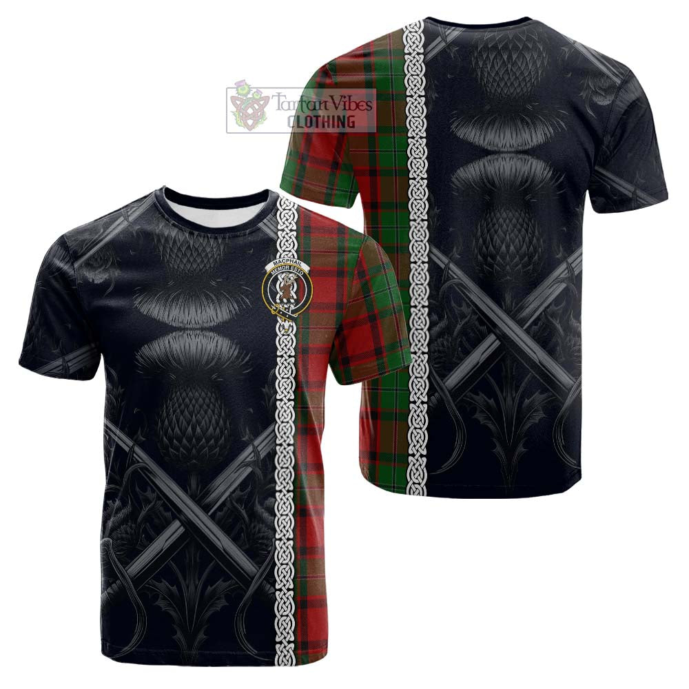 Tartan Vibes Clothing MacPhail (McPhail) Tartan Cotton T-shirt with Family Crest Cross Sword Thistle Celtic Vibes