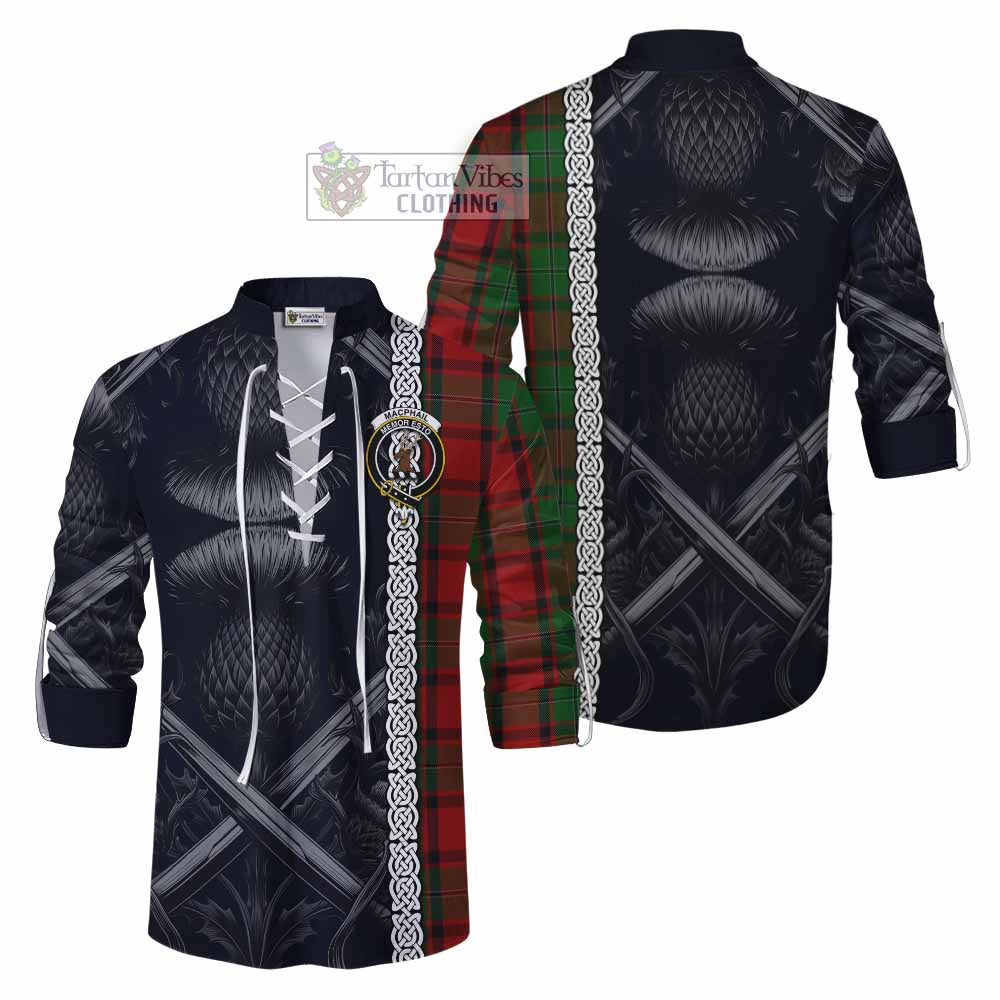 Tartan Vibes Clothing MacPhail (McPhail) Tartan Ghillie Kilt Shirt with Family Crest Cross Sword Thistle Celtic Vibes