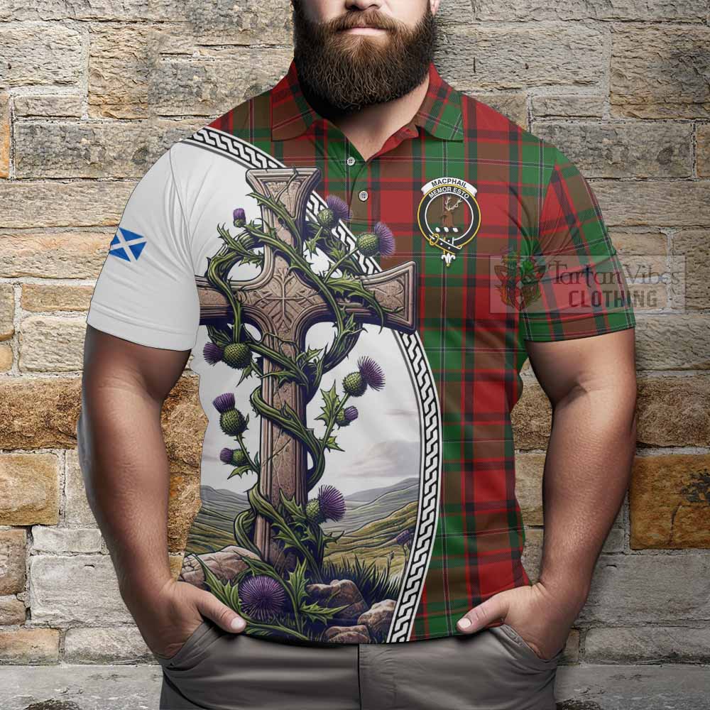 Tartan Vibes Clothing MacPhail (McPhail) Tartan Polo Shirt with Family Crest and St. Andrew's Cross Accented by Thistle Vines