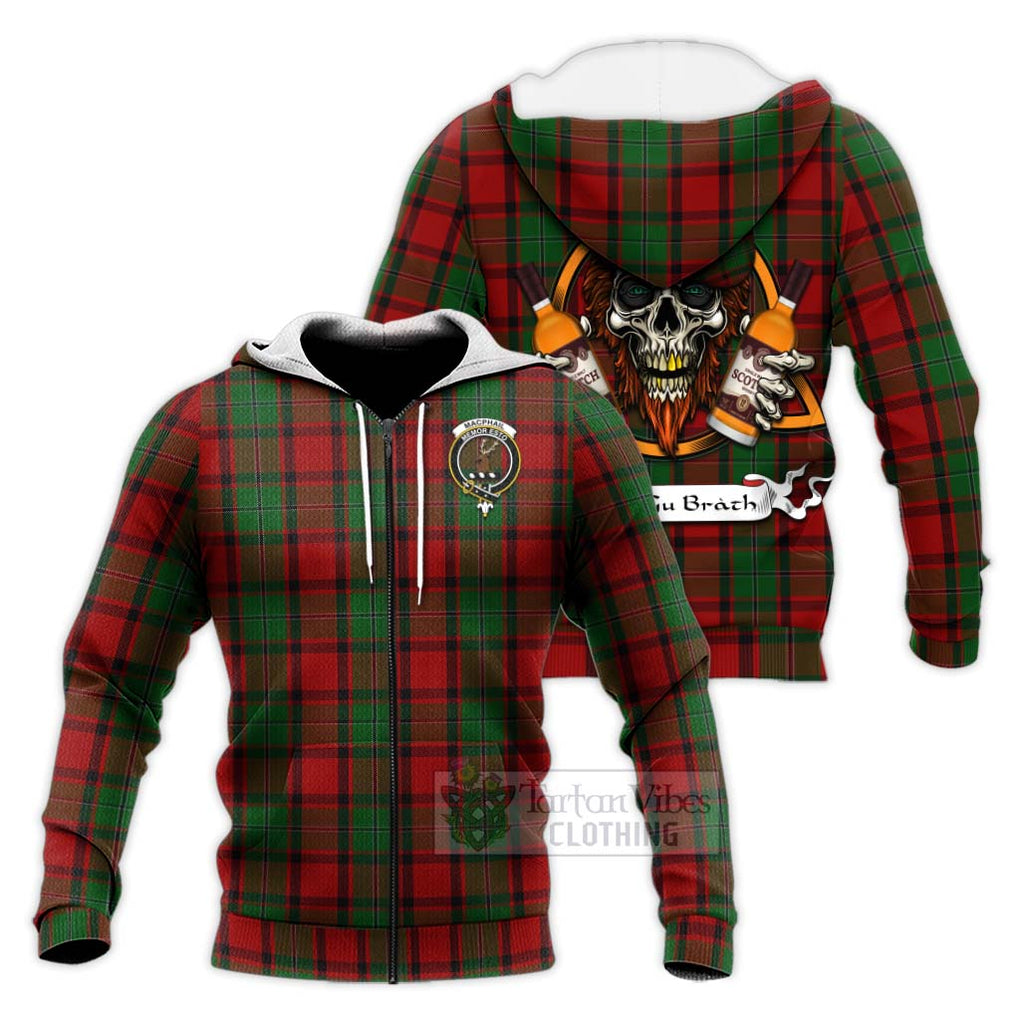 Tartan Vibes Clothing MacPhail (McPhail) Tartan Knitted Hoodie with Family Crest and Bearded Skull Holding Bottles of Whiskey