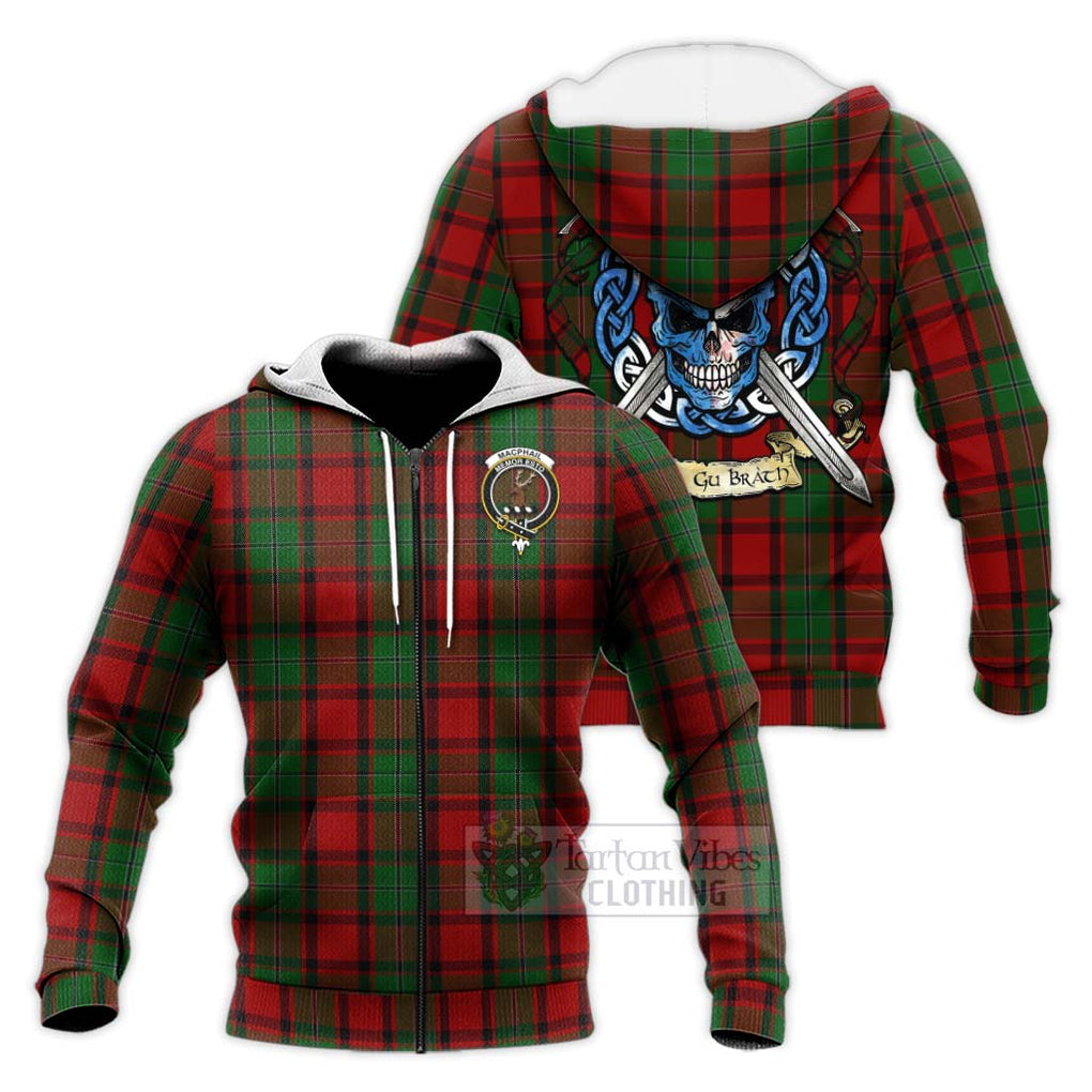 Tartan Vibes Clothing MacPhail (McPhail) Tartan Knitted Hoodie with Family Crest Celtic Skull Style