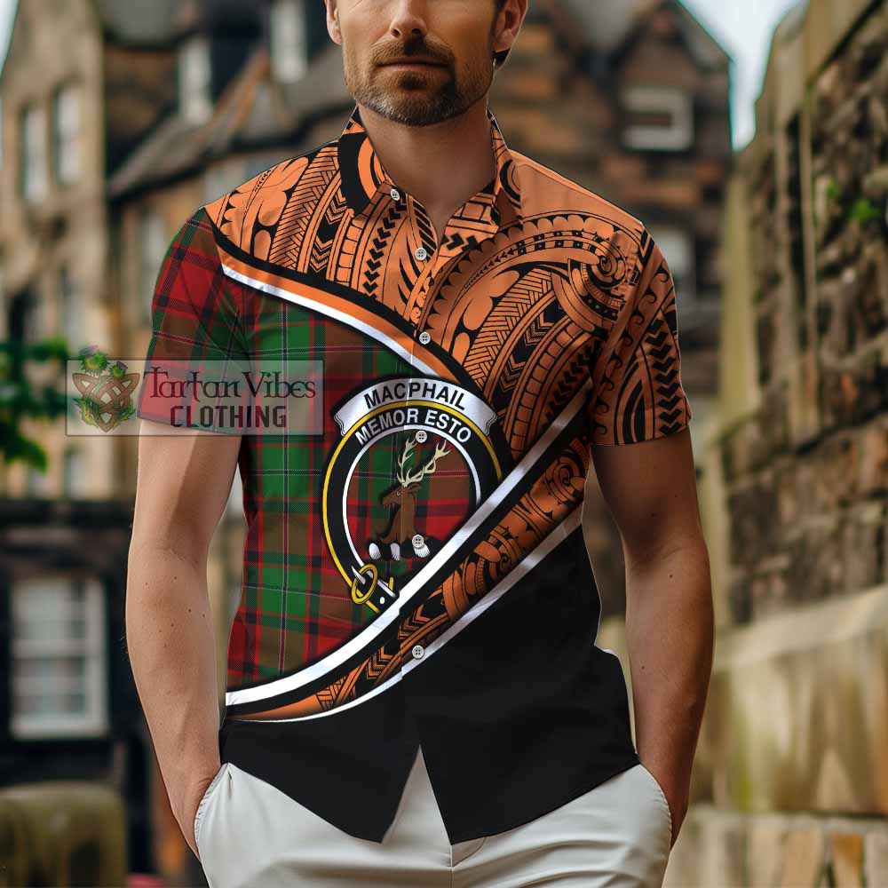 Tartan Vibes Clothing MacPhail (McPhail) Crest Tartan Short Sleeve Button Shirt with Maori Tattoo Style - Orange Version