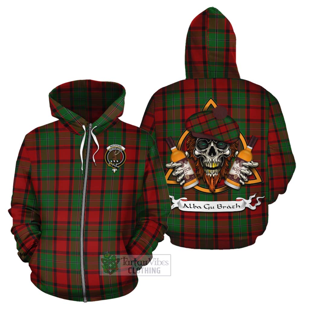 Tartan Vibes Clothing MacPhail (McPhail) Tartan Cotton Hoodie with Family Crest and Bearded Skull Holding Bottles of Whiskey