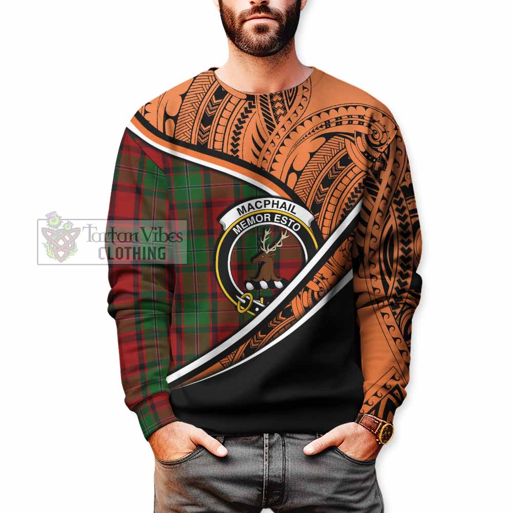 Tartan Vibes Clothing MacPhail (McPhail) Crest Tartan Sweatshirt with Maori Tattoo Style - Orange Version