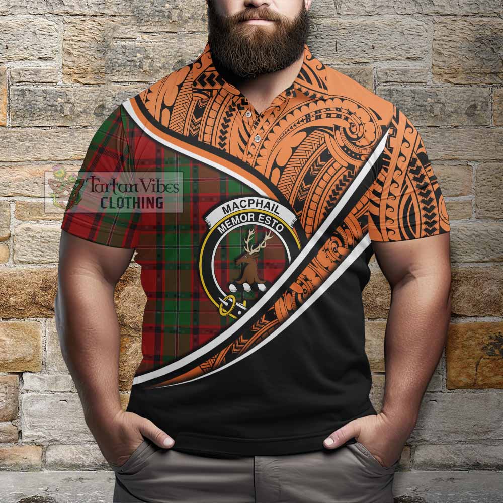 Tartan Vibes Clothing MacPhail (McPhail) Crest Tartan Polo Shirt with Maori Tattoo Style - Orange Version