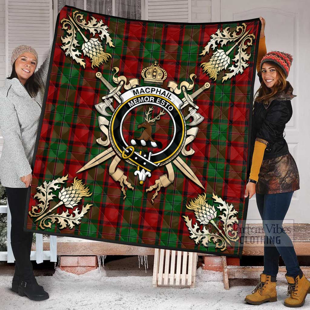 Tartan Vibes Clothing MacPhail (McPhail) Tartan Quilt with Family Crest and Scottish Golden Courage Shield