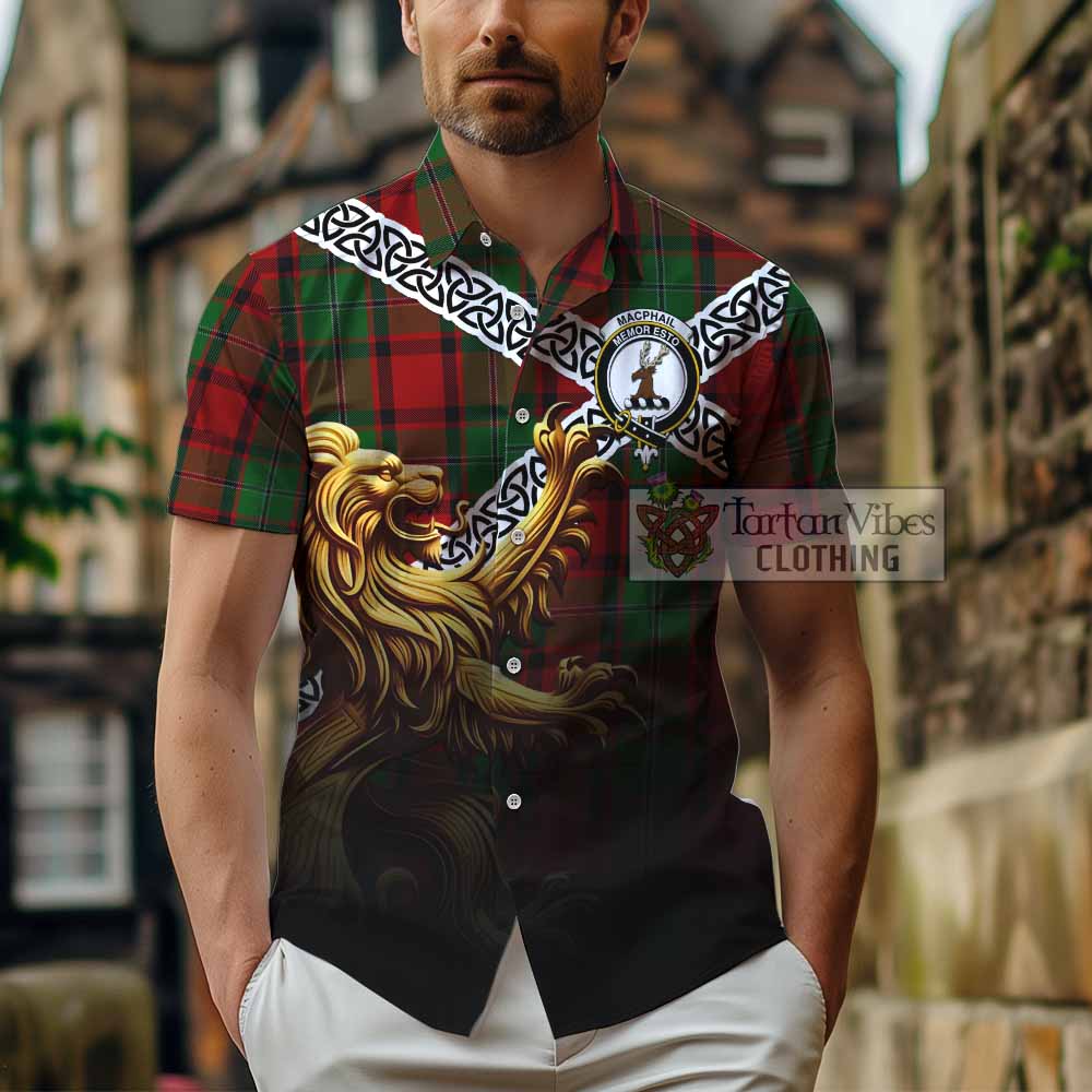 MacPhail (McPhail) Crest Tartan Hawaiian Shirt with Golden Lion Emblem Celtic Style - Tartan Vibes Clothing
