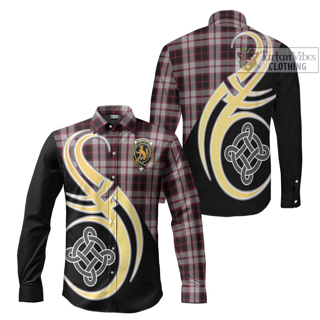 Tartan Vibes Clothing MacPherson Tartan Long Sleeve Button Shirt with Family Crest and Celtic Symbol Style