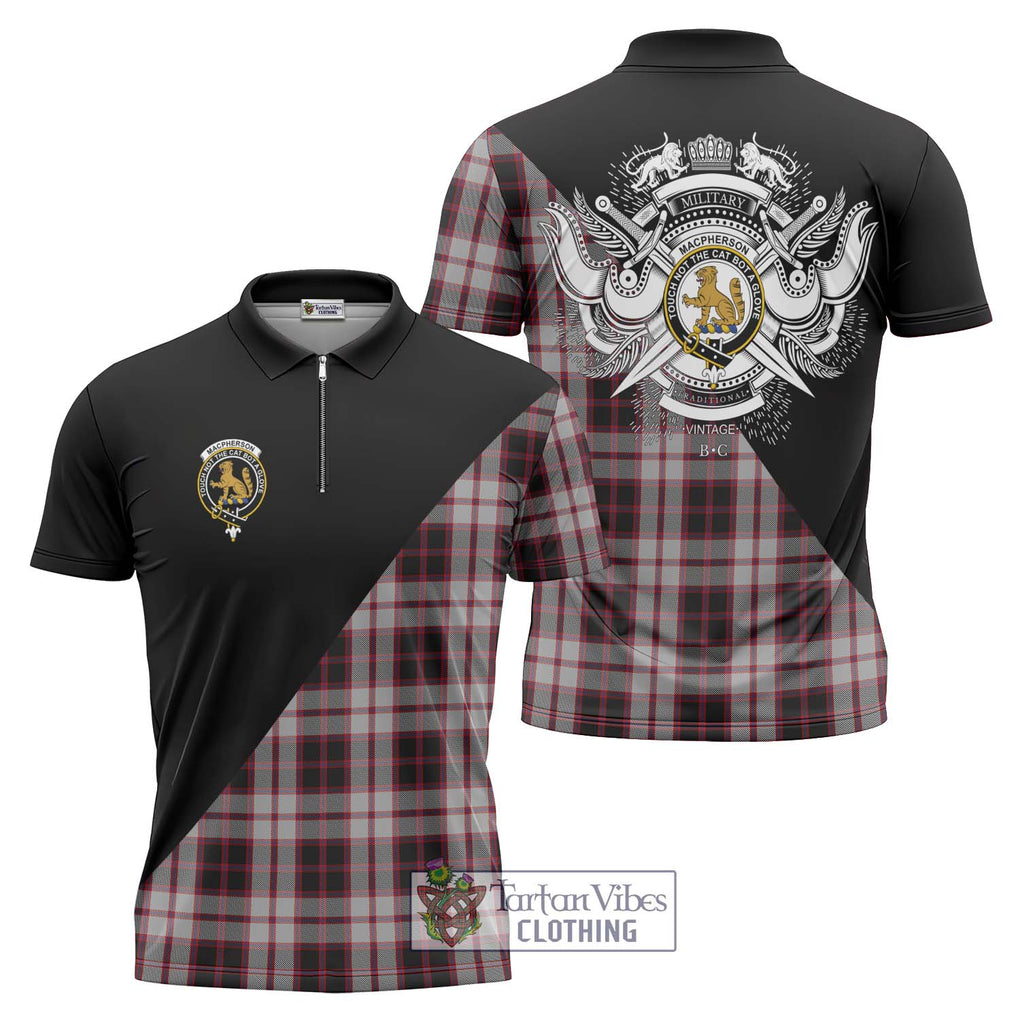 MacPherson (McPherson) Tartan Zipper Polo Shirt with Family Crest and Military Logo Style Unisex - Tartanvibesclothing Shop