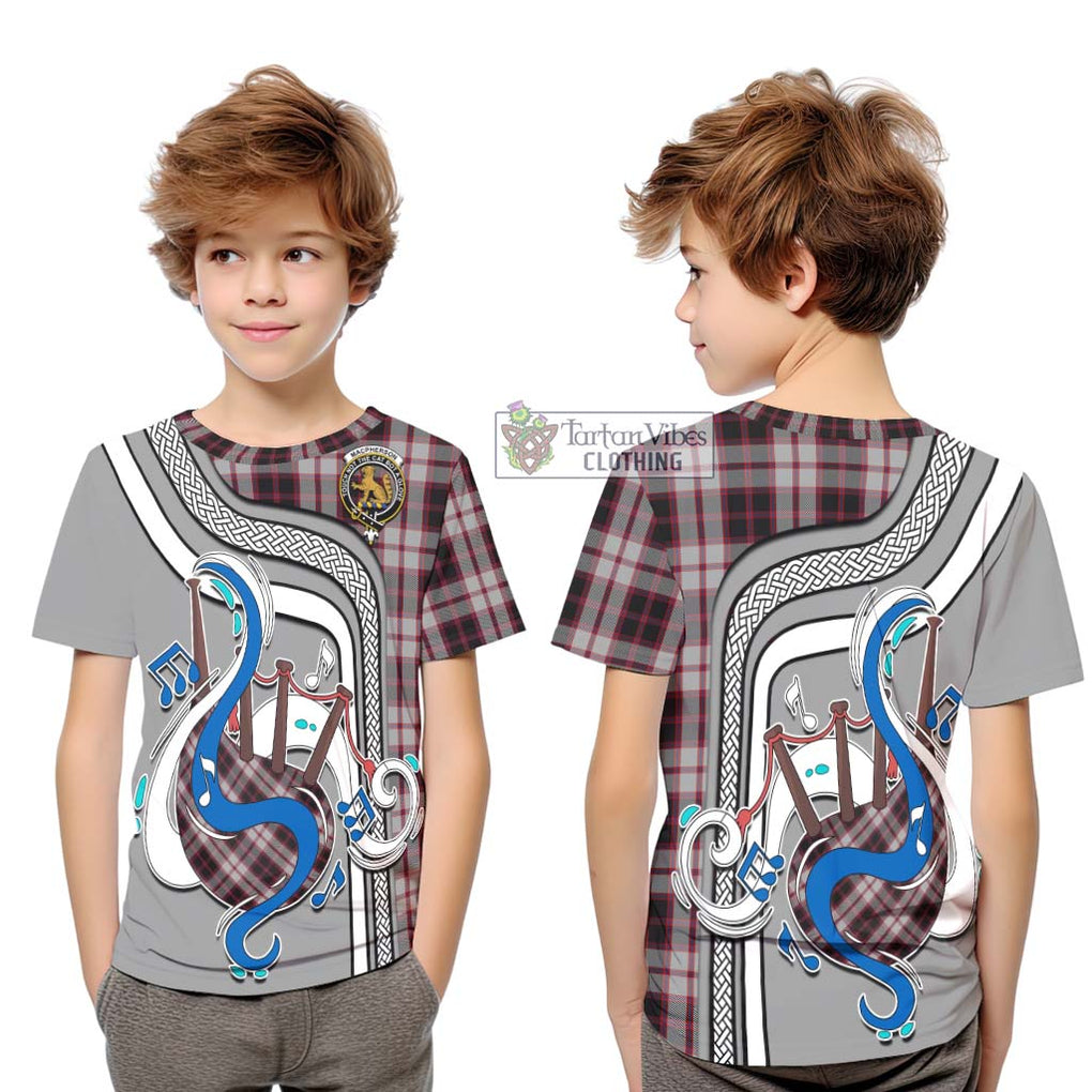 Tartan Vibes Clothing MacPherson Tartan Kid T-Shirt with Epic Bagpipe Style