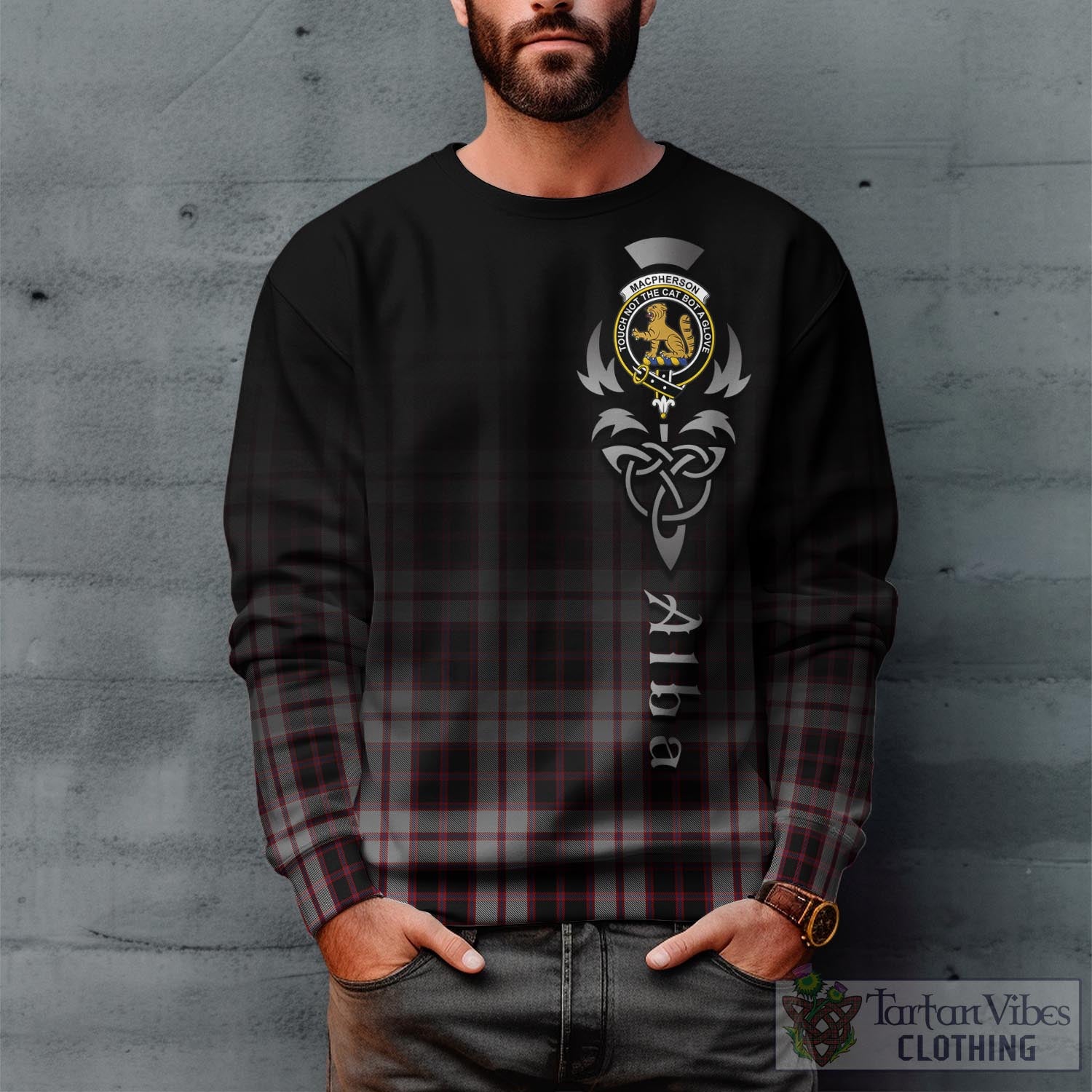 Tartan Vibes Clothing MacPherson Tartan Sweatshirt Featuring Alba Gu Brath Family Crest Celtic Inspired