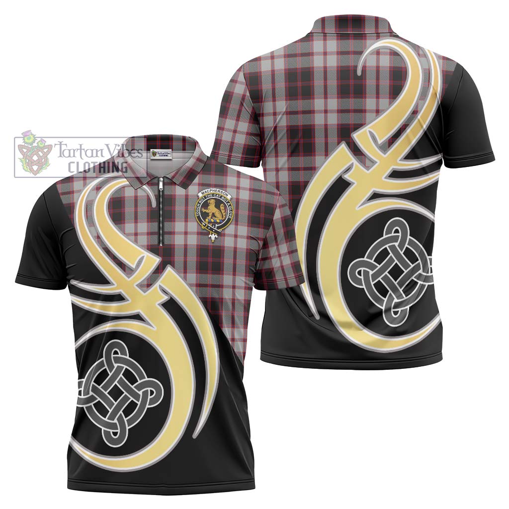 Tartan Vibes Clothing MacPherson Tartan Zipper Polo Shirt with Family Crest and Celtic Symbol Style