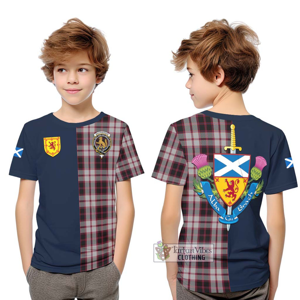 Tartan Vibes Clothing MacPherson Tartan Kid T-Shirt with Scottish Lion Royal Arm Half Style