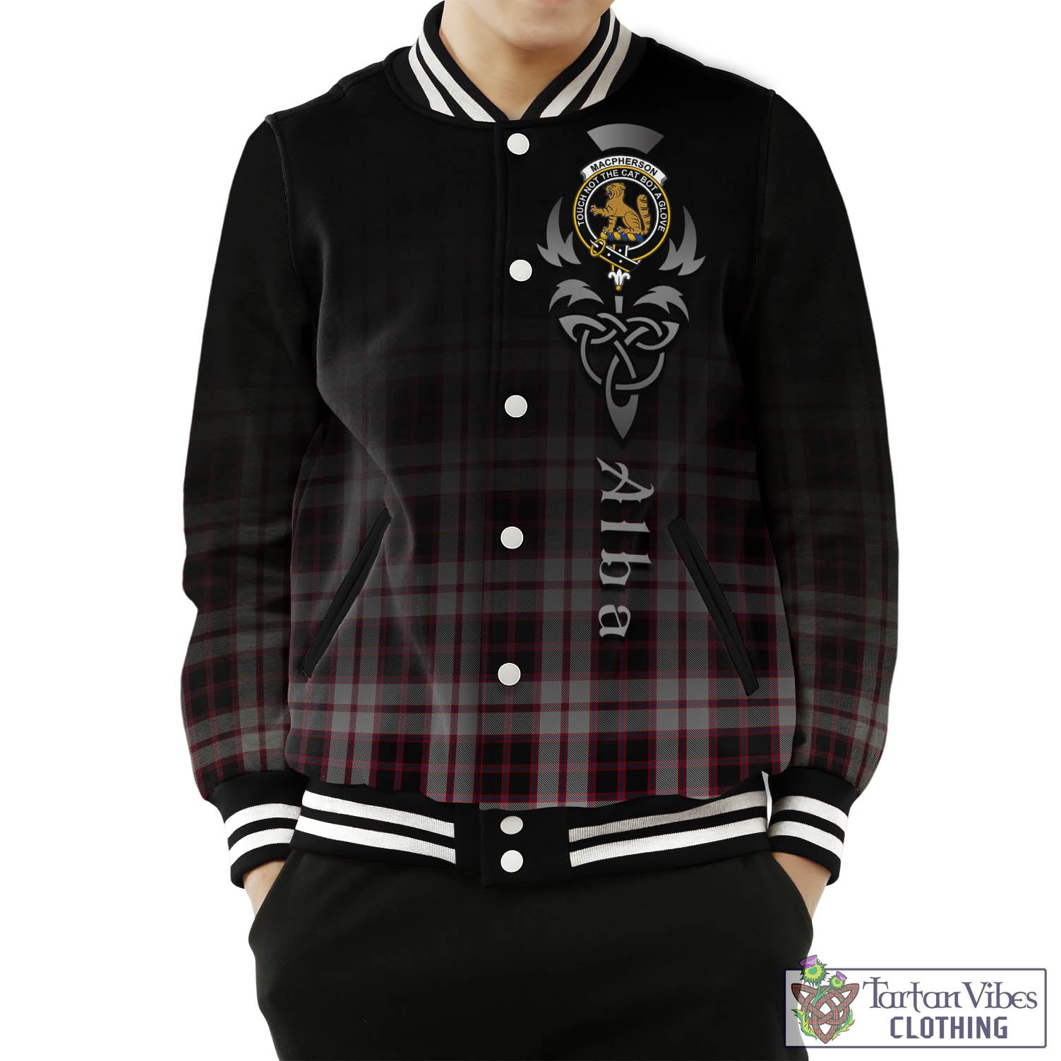 Tartan Vibes Clothing MacPherson Tartan Baseball Jacket Featuring Alba Gu Brath Family Crest Celtic Inspired