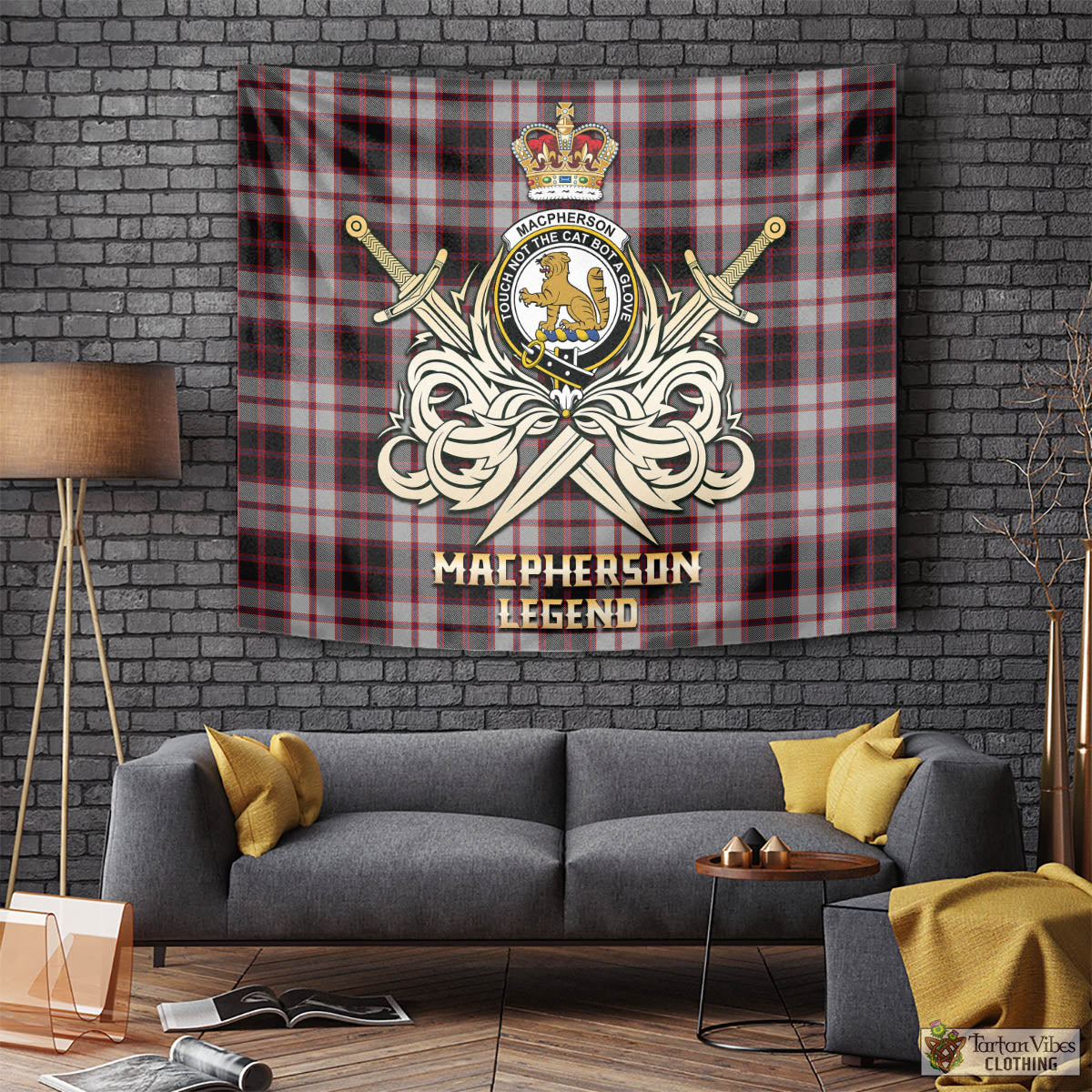 Tartan Vibes Clothing MacPherson Tartan Tapestry with Clan Crest and the Golden Sword of Courageous Legacy