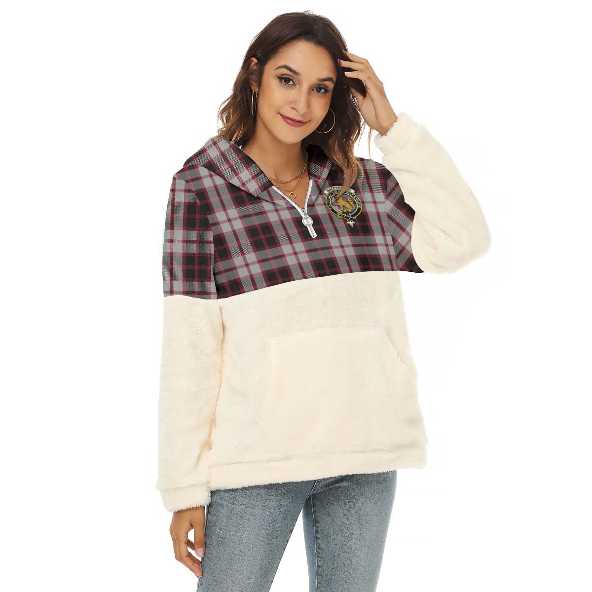 MacPherson (McPherson) Tartan Women's Borg Fleece Hoodie With Half Zip with Family Crest Female - Tartan Vibes Clothing