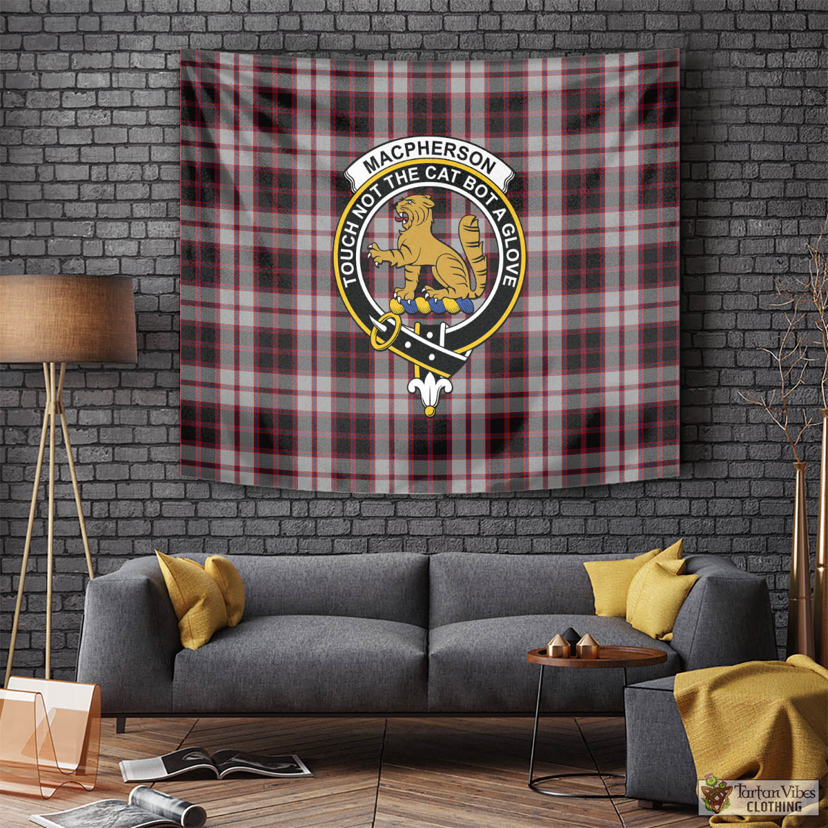 Tartan Vibes Clothing MacPherson Tartan Tapestry Wall Hanging and Home Decor for Room with Family Crest